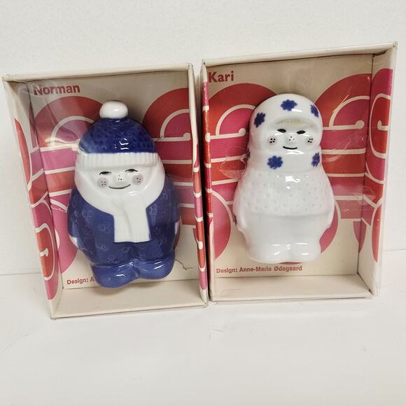 Porsgrund Norway Kari Norman Blue White Winter Snow Girl Boy Porcelain Figurines - Picture 1 of 9